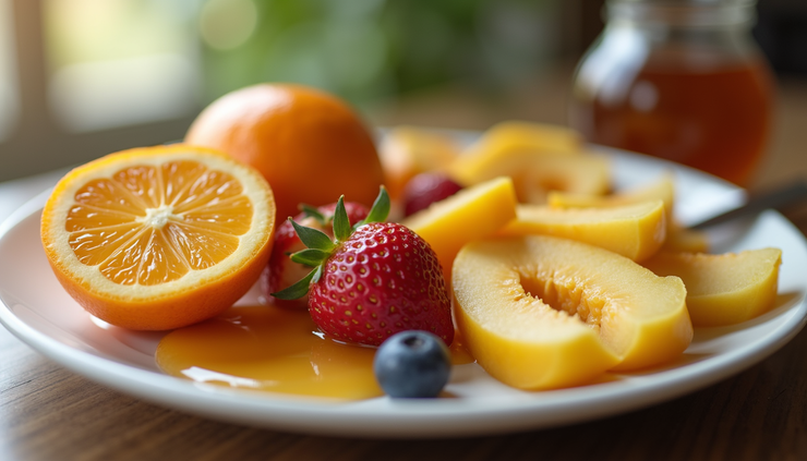 Vista a nivel de ojo de un plato con frutas frescas y miel natural
