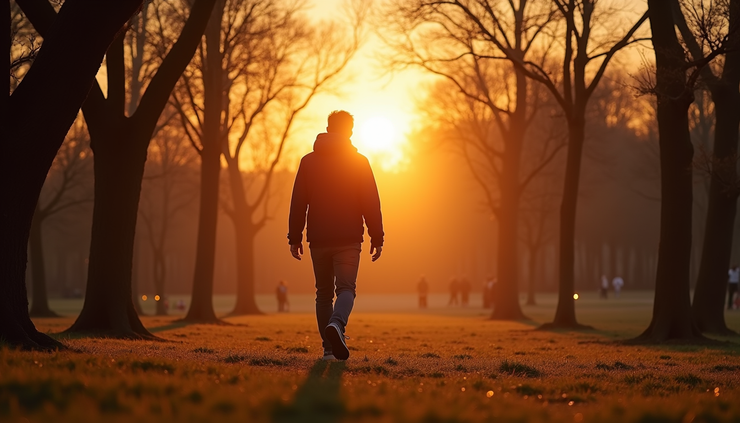 Vista a nivel de ojo de una persona caminando en un parque al atardecer