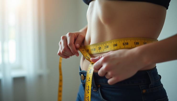 Vista lateral de una persona midiendo su cintura con una cinta métrica