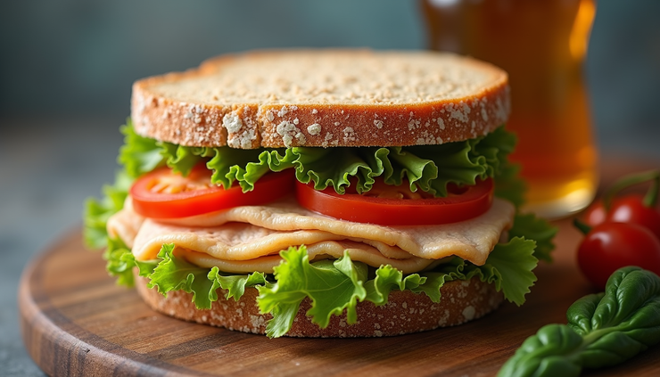 Vista cenital de un sándwich con pan integral, pechuga de pavo y vegetales frescos