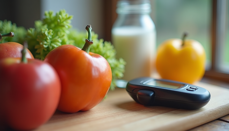 Vista a nivel de mesa con alimentos saludables y un medidor de glucosa