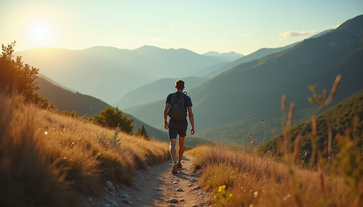 Vista a nivel de ojo de una persona caminando en un sendero natural con paisaje montañoso