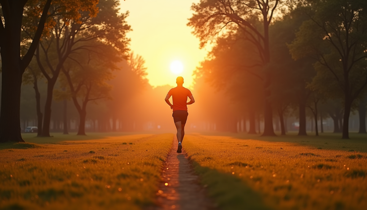 Vista panorámica de una persona corriendo en un parque al amanecer
