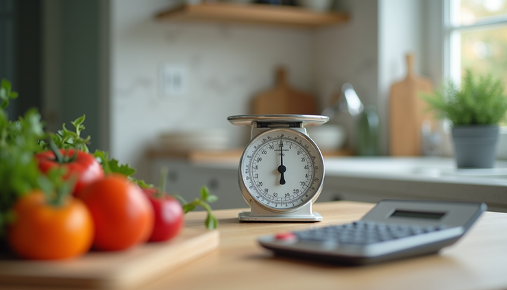 Vista a nivel de ojo de una balanza de cocina con alimentos saludables y una calculadora al lado