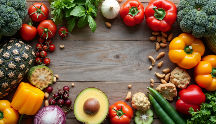 Vista aérea de una mesa con alimentos saludables y coloridos