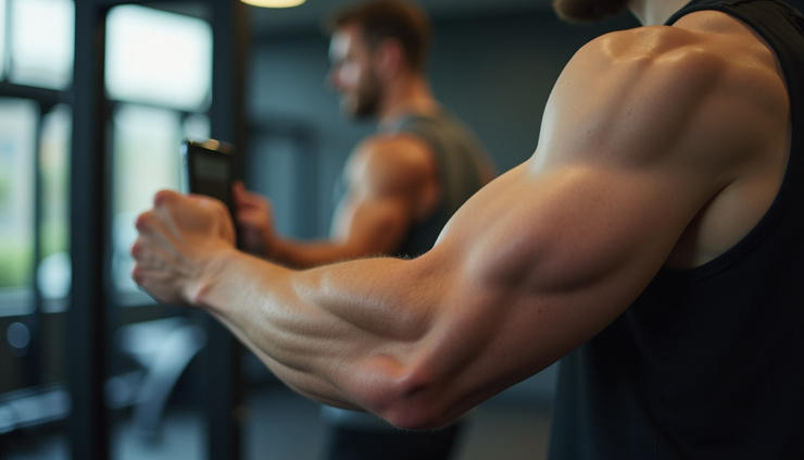 Vista de cerca de un brazo con bíceps poco desarrollados en un gimnasio