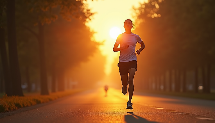 Vista a nivel de ojo de una persona corriendo en un parque al amanecer