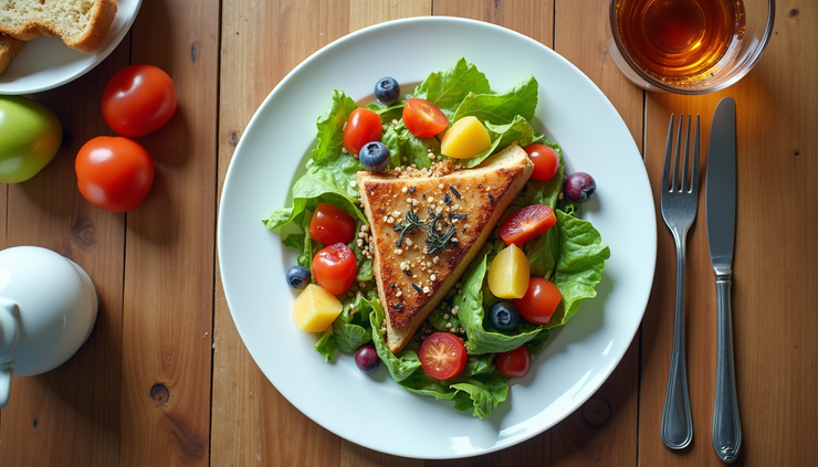 Vista cenital de un plato con ensalada fresca y frutas