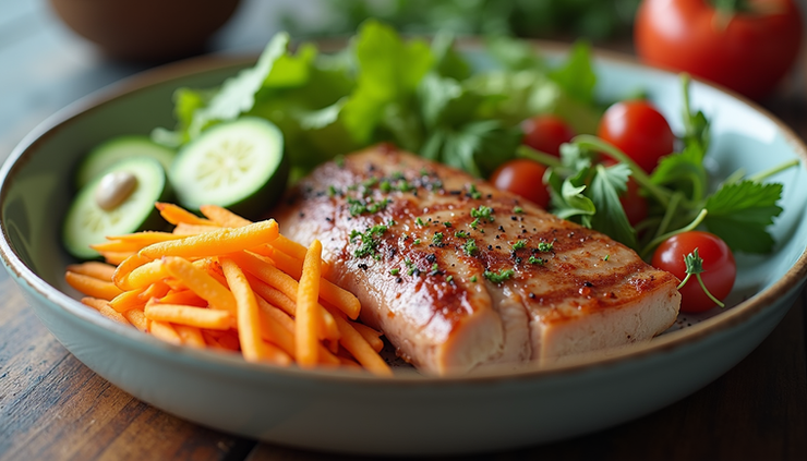 Vista cercana de un plato saludable con proteínas, verduras y grasas saludables