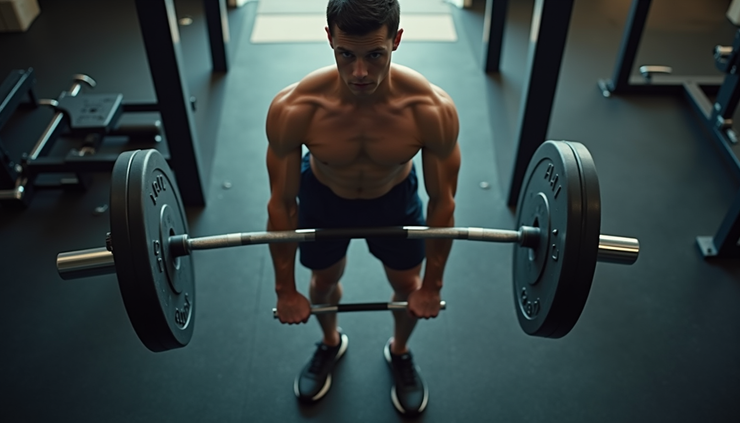 Vista de ángulo alto de una persona levantando pesas en un gimnasio
