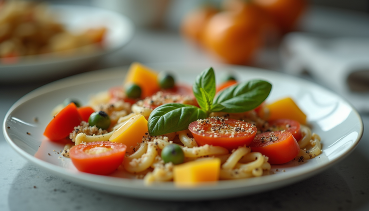 Vista a nivel de ojo de un plato con comida saludable y balanceada