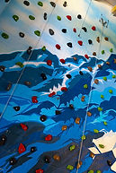 A climbing wall with helmets