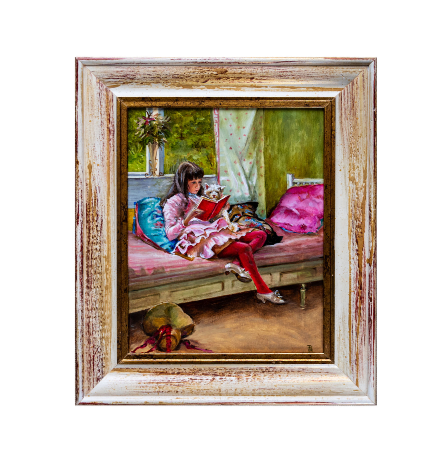 Young girl reading on a window seat