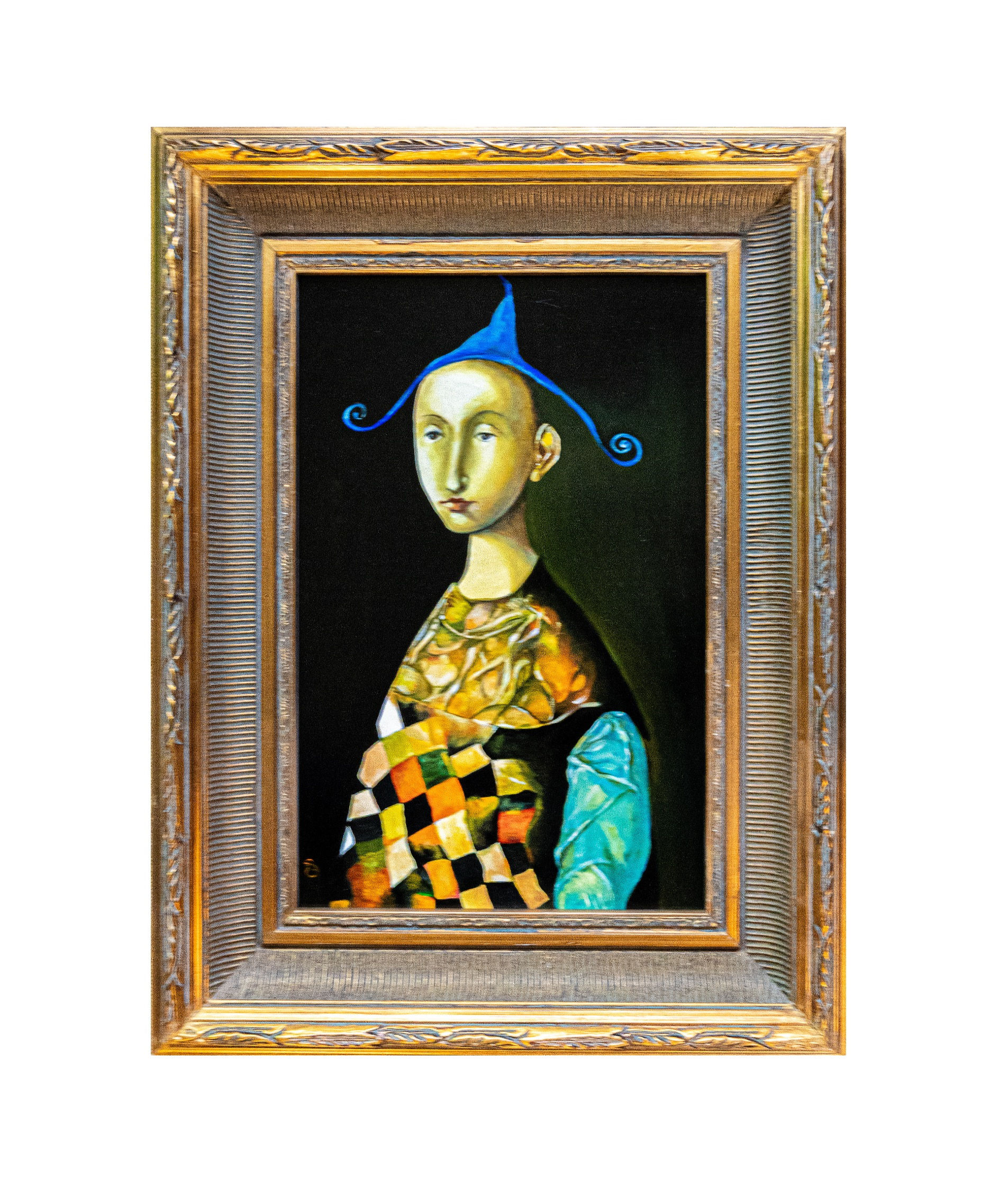 Hatted man in harlequin costume