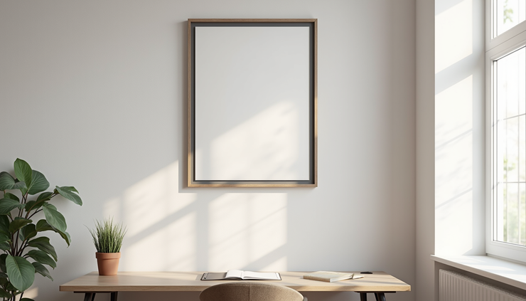 Eye-level view of a framed abstract painting hanging on a light-colored wall in a home office