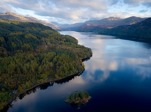 Loch Lomond aerial view at Autumn during sunrise near Tarbet.jpg