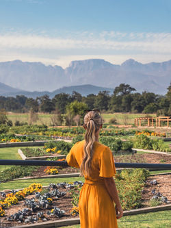 Sarah Ashley Whitby overlooking the gardens at Boschendal Wine Farm in the Western Cape, South Afric