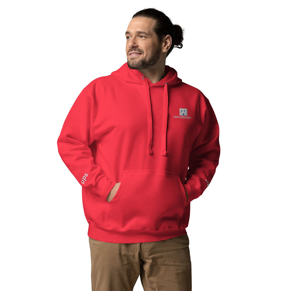Thumbnail: red plug hoodie with grey symbol