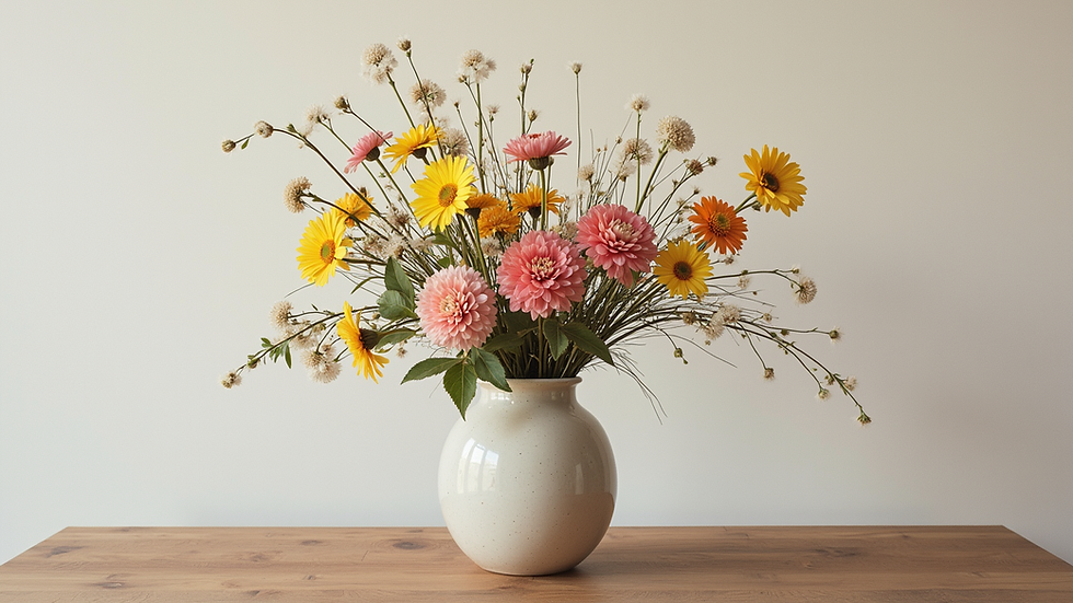 Eye-level view of a still life painting featuring wildflowers in a ceramic vase