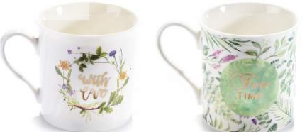 Thumbnail: Porcelain mug cups decorated with leaves and gold writing