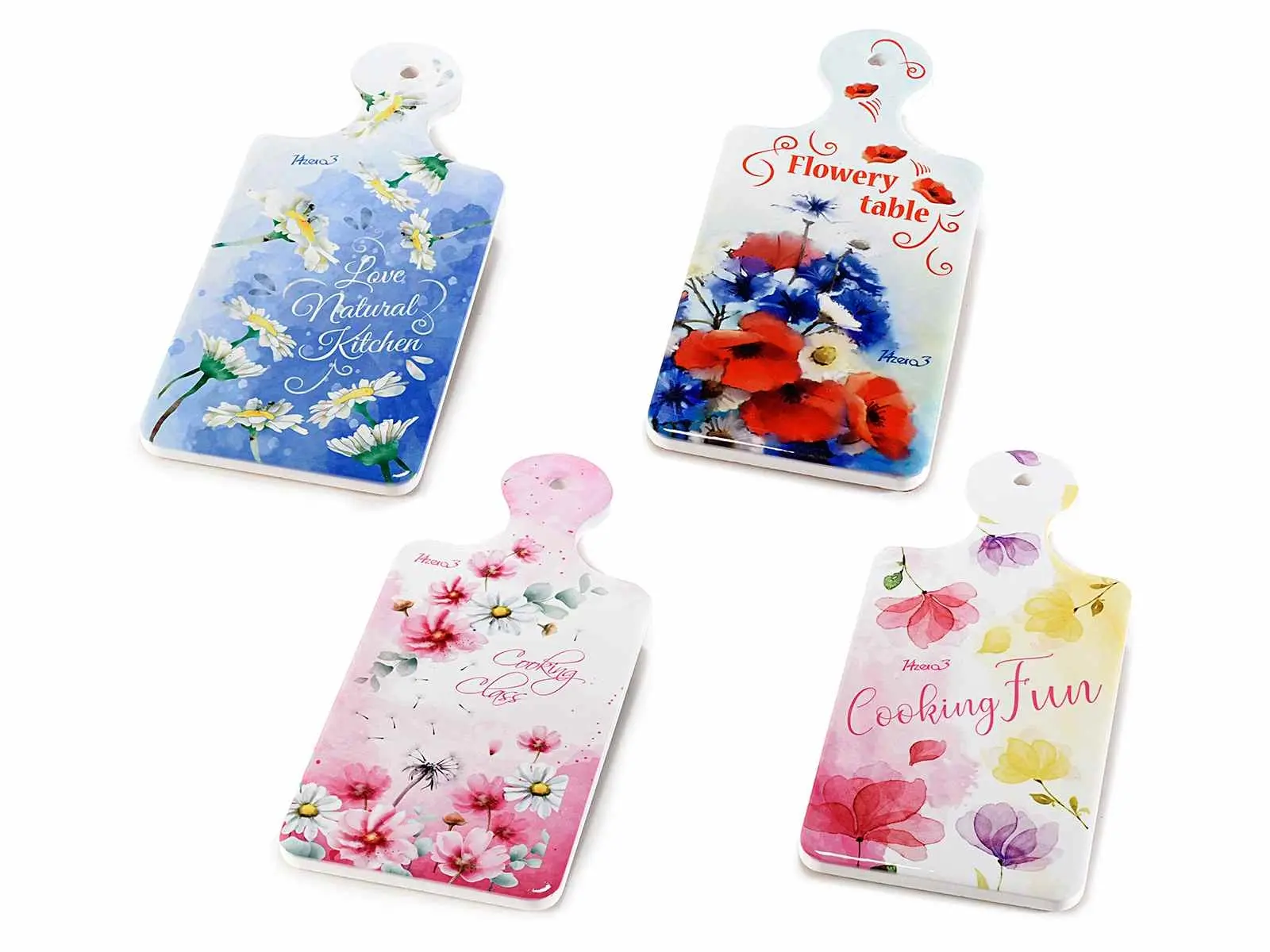 Polished ceramic chopping boards/trivets with cork base trivet in 4 designs.