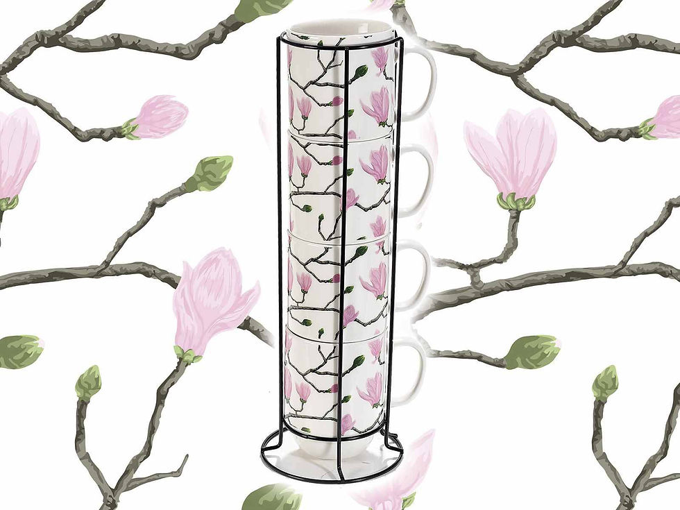 Thumbnail: Set of 4 Porcelain Mugs with Blooming Time design in a Metal Stand