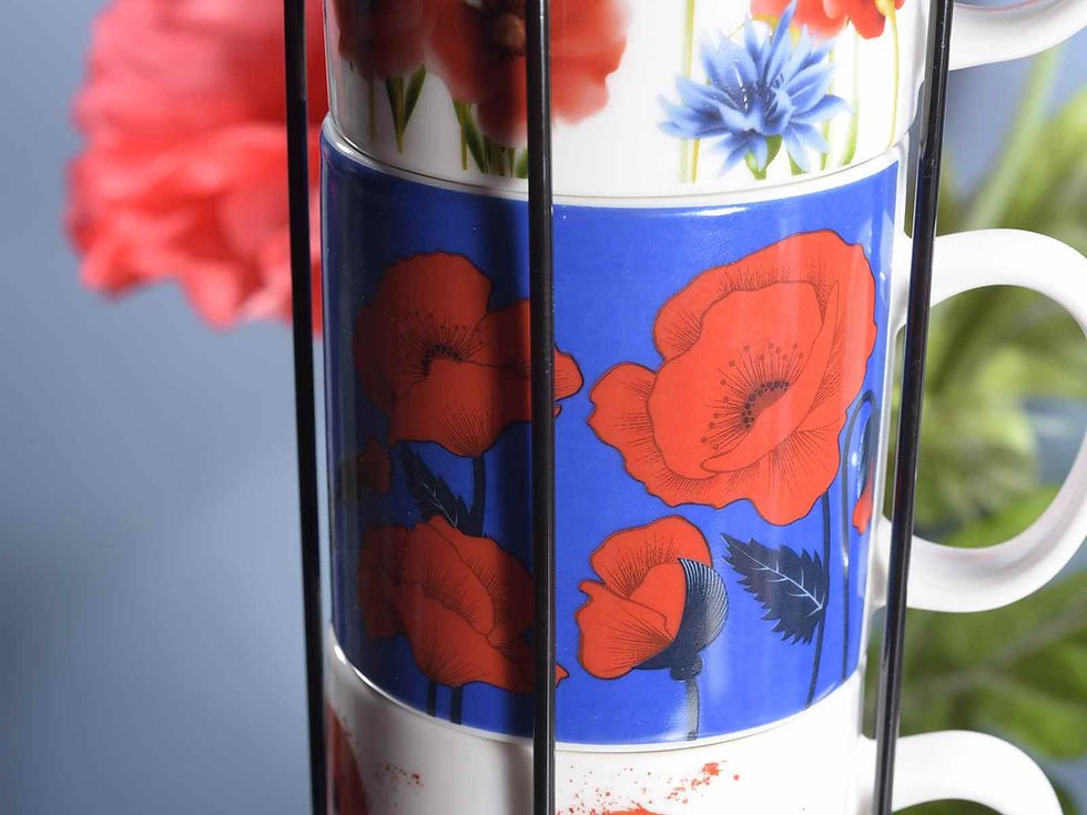 Thumbnail: Set of 4 porcelain mugs cups in Red Flanders Poppy design in metal display