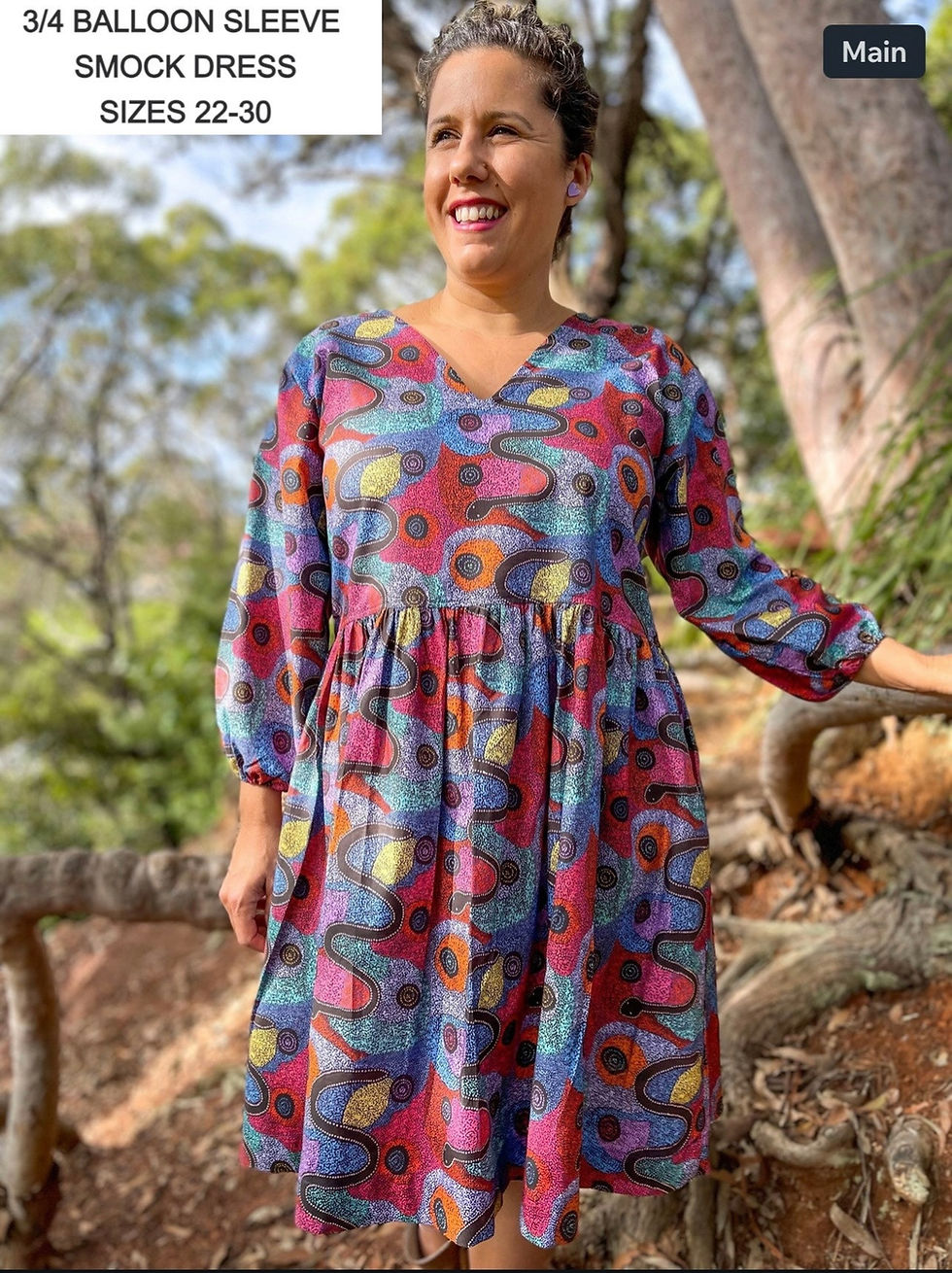 Thumbnail: Field Of Dreams Puff Sleeve Smock Dress. Size 6-30