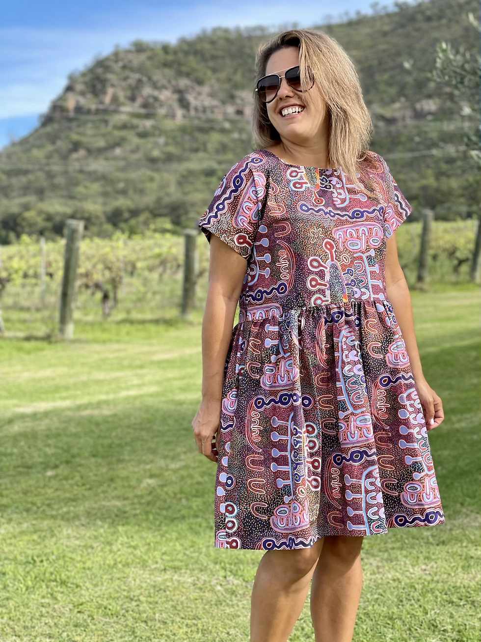 Thumbnail: Aboriginal Art Print Warlu Way Water Dreaming Smock Dress. Size 6-30