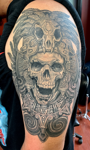 Malefic, Tattoo, Inca, Skull, Headdress, Realism