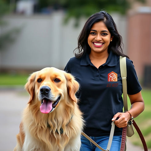 Happy pretty Dark haired Indian woman wearing blank black polo and walking a golden retr