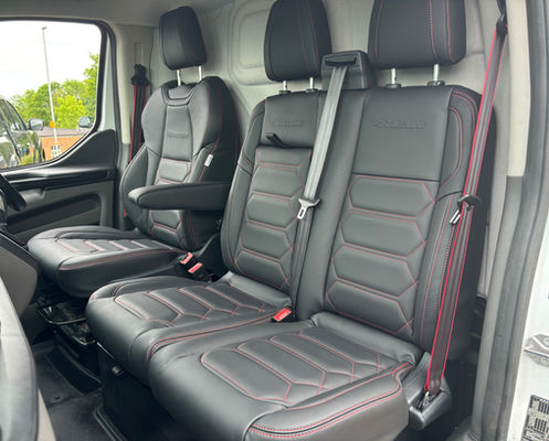 Ford Transit leather seats in black with red stitch