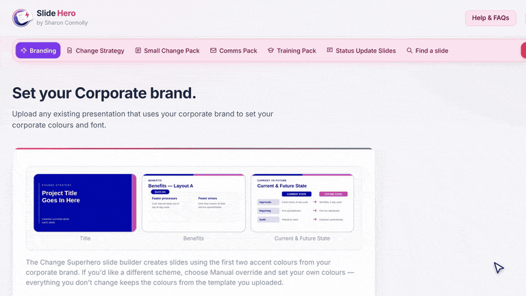 Demonstrating uploading your brand in slide hero to create a strategy template pack