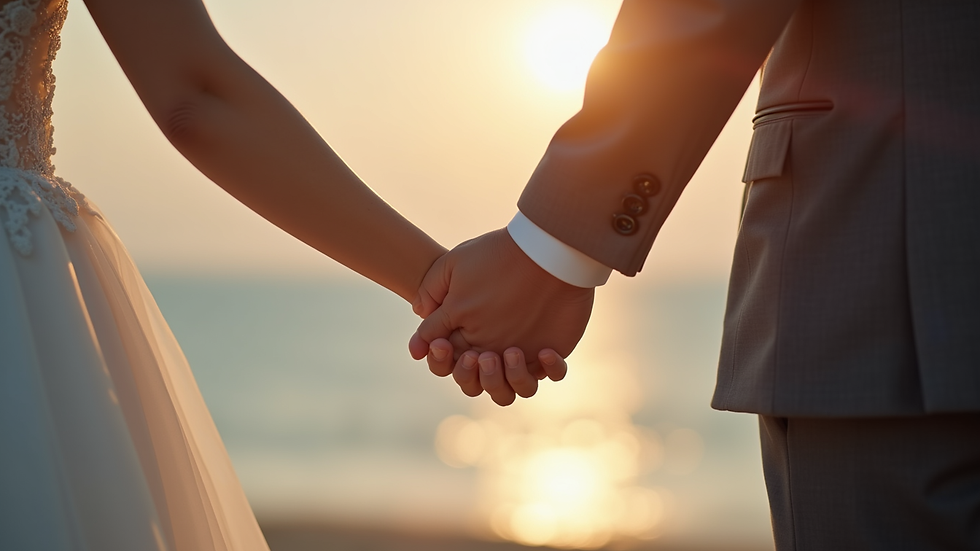 Close-up view of a wedding couple holding hands during a photo session