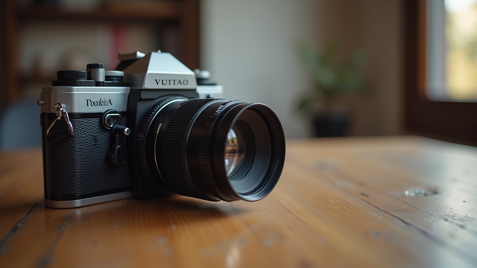 Close-up view of a vintage camera on a wooden surface