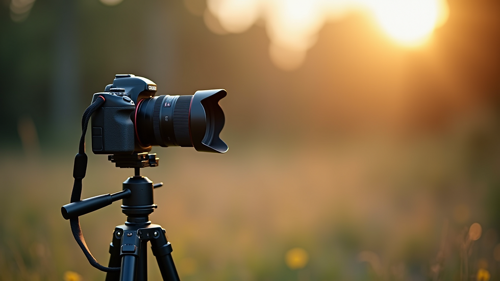 Close-up view of a camera on a tripod with a blurred natural background