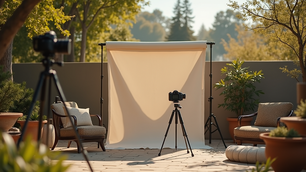 Eye-level view of a cozy outdoor photography setup with a small backdrop and camera on tripod