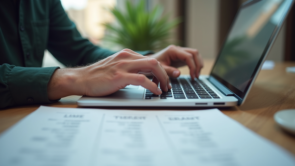 Close-up view of a person typing on a laptop with translation documents beside