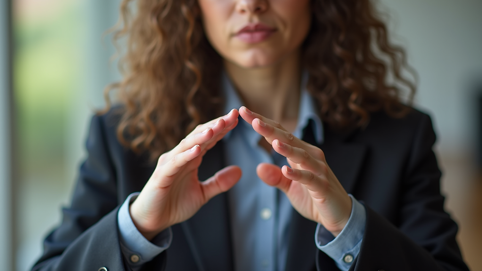Close-up view of a sign language interpreter using hand gestures