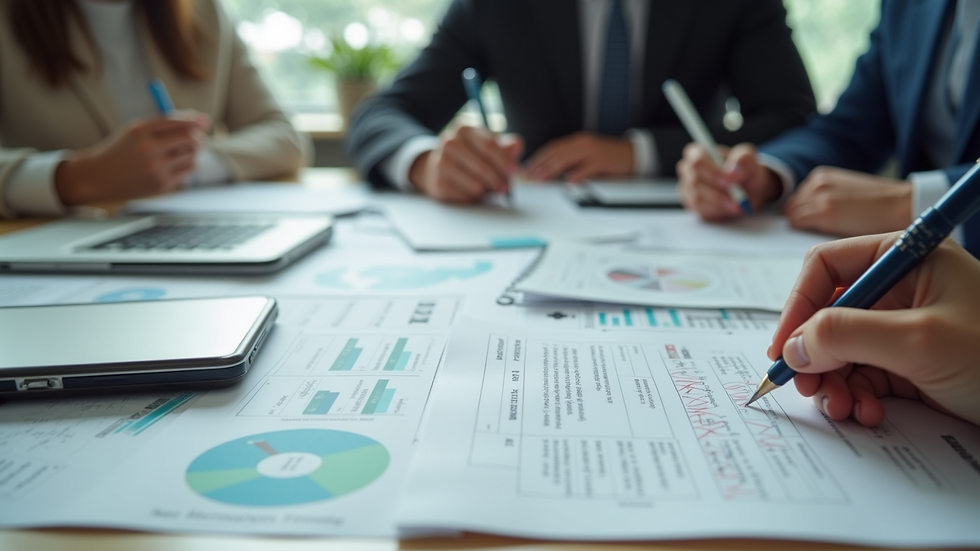 High angle view of a business meeting with multilingual documents on the table