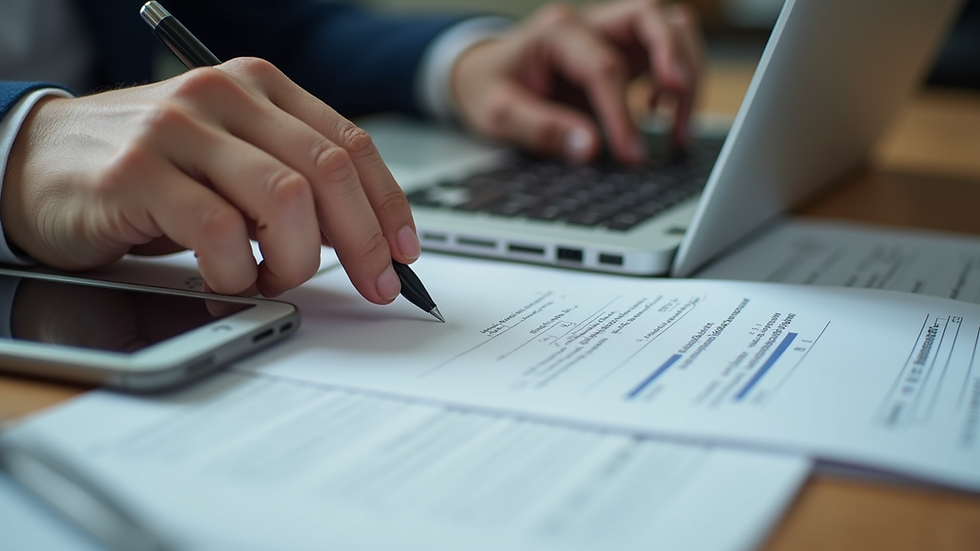 Eye-level view of a translator working on a laptop with documents spread out