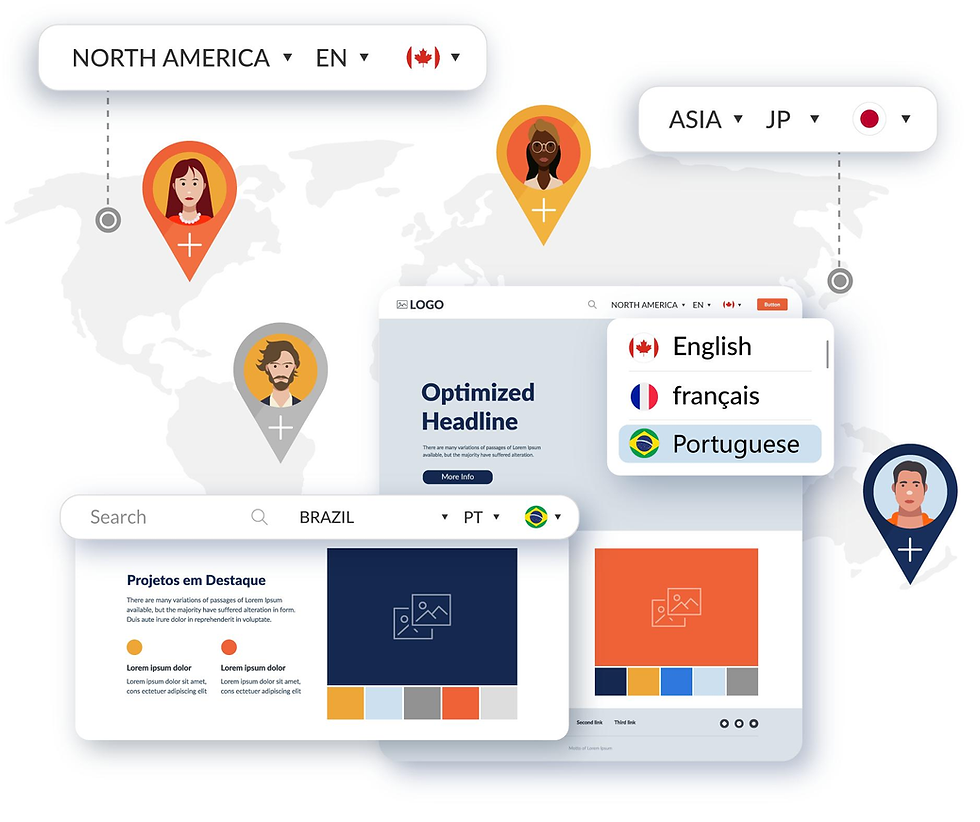 Illustration of website localization showing different languages, regions, and localized website interfaces for global audiences.