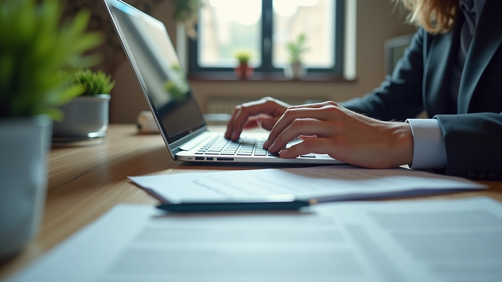 Eye-level view of a translator working on a laptop with documents