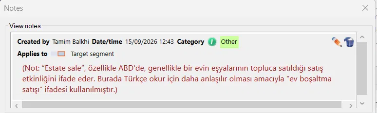 memoQ notes panel showing a translator's note explaining the Turkish rendering of "estate sale" as "ev boşaltma satışı."