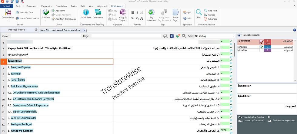 memoQ segment view of a policy document's title and table of contents, Turkish source and Arabic target side by side.