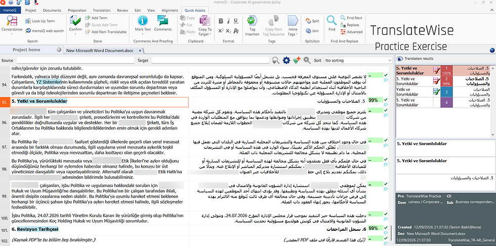 memoQ segment view of the final sections of a translated policy document, all segments confirmed and matching