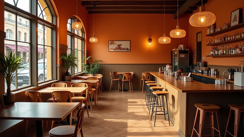 High angle view of a cozy café interior with warm orange and brown tones