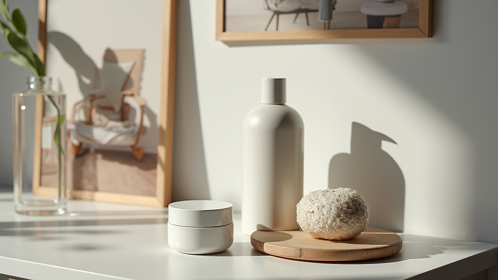 Close-up view of a mood board with skincare products and home decor images