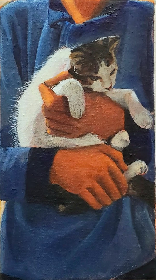 Jeannot dans les bras de Paul, 2023, huile sur toile 18 x 10 cm