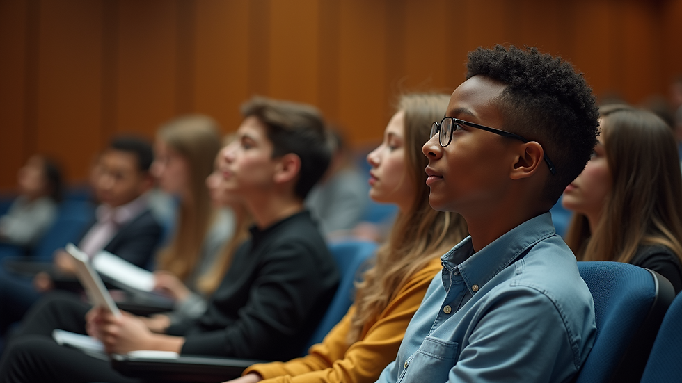 High angle view of a youth-led safety meeting in a school auditorium